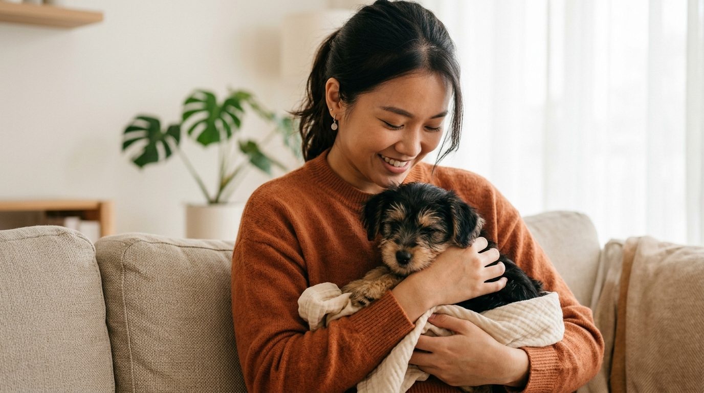 Rescue puppy being welcomed into a new adoptive home